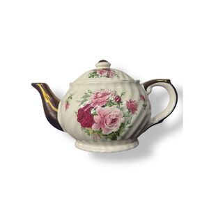 Vtg Caledonia Pottery Staffordshire England Floral Teapot Victorian Cottage